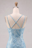 Light Blue Bodycon Spaghetti Straps Short Party Dress