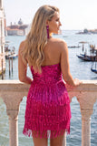 Strapless Fuchsia Sequins Bodycon Cocktail Dress with Fringes