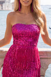 Strapless Fuchsia Sequins Bodycon Cocktail Dress with Fringes
