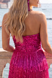 Strapless Fuchsia Sequins Bodycon Cocktail Dress with Fringes