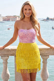 Strapless Fuchsia Sequins Bodycon Cocktail Dress with Fringes
