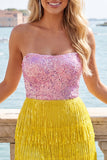 Strapless Fuchsia Sequins Bodycon Cocktail Dress with Fringes