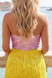 Strapless Fuchsia Sequins Bodycon Cocktail Dress with Fringes
