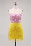 Strapless Fuchsia Sequins Bodycon Cocktail Dress with Fringes