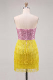 Strapless Fuchsia Sequins Bodycon Cocktail Dress with Fringes
