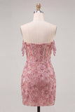 Pearl Off the Shoulder Pink Corset Floral Homecoming Dress with Sequins