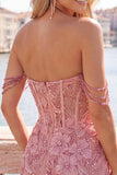 Pearl Off the Shoulder Pink Corset Floral Homecoming Dress with Sequins