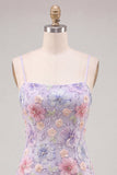 Lilac Floral Bodycon Spaghetti Straps Short Homecoming Dress with Beading