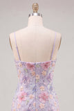 Lilac Floral Bodycon Spaghetti Straps Short Homecoming Dress with Beading