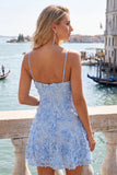 Light Blue Floral A-Line Spaghetti Straps Homecoming Dress with Appliques