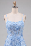 Light Blue Floral A-Line Spaghetti Straps Homecoming Dress with Appliques