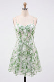 Green A-Line Chiffon Floral Ruffle Spaghetti Straps Short Cocktail Dress