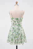 Green A-Line Chiffon Floral Ruffle Spaghetti Straps Short Cocktail Dress