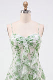 Green A-Line Chiffon Floral Ruffle Spaghetti Straps Short Cocktail Dress