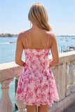 Green A-Line Chiffon Floral Ruffle Spaghetti Straps Short Cocktail Dress