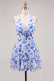 A-Line Chiffon Blue Floral Tiered Halter Neck Short Cocktail Dress