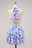 A-Line Chiffon Blue Floral Tiered Halter Neck Short Cocktail Dress