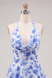A-Line Chiffon Blue Floral Tiered Halter Neck Short Cocktail Dress
