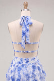 A-Line Chiffon Blue Floral Tiered Halter Neck Short Cocktail Dress