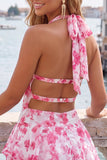 A-Line Chiffon Blue Floral Tiered Halter Neck Short Cocktail Dress