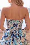 Sweetheart Pink Flower A-Line Jacquard Pearls Cocktail Dress with Bow
