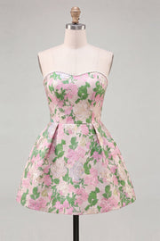 Sweetheart Pink Flower A-Line Jacquard Pearls Cocktail Dress with Bow