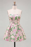 Sweetheart Pink Flower A-Line Jacquard Pearls Cocktail Dress with Bow