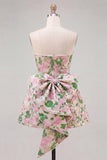 Sweetheart Pink Flower A-Line Jacquard Pearls Cocktail Dress with Bow