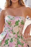 Sweetheart Pink Flower A-Line Jacquard Pearls Cocktail Dress with Bow
