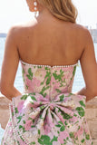 Sweetheart Pink Flower A-Line Jacquard Pearls Cocktail Dress with Bow