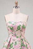 Sweetheart Pink Flower A-Line Jacquard Pearls Cocktail Dress with Bow