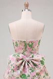 Sweetheart Pink Flower A-Line Jacquard Pearls Cocktail Dress with Bow