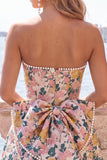 Sweetheart Pink Flower A-Line Jacquard Pearls Cocktail Dress with Bow