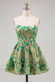 Green Sweetheart A-Line Corset Jacquard Cocktail Dress with Ruffles