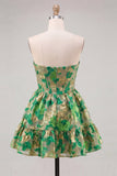 Green Sweetheart A-Line Corset Jacquard Cocktail Dress with Ruffles