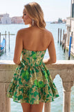Green Sweetheart A-Line Corset Jacquard Cocktail Dress with Ruffles