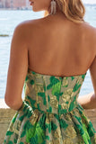 Green Sweetheart A-Line Corset Jacquard Cocktail Dress with Ruffles
