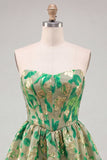 Green Sweetheart A-Line Corset Jacquard Cocktail Dress with Ruffles