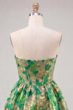 Green Sweetheart A-Line Corset Jacquard Cocktail Dress with Ruffles