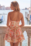 Green Sweetheart A-Line Corset Jacquard Cocktail Dress with Ruffles