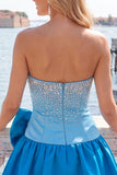 Fuchsia and Red Strapless Beaded A-Line Short Cocktail Dress with Bow