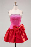 Fuchsia and Red Strapless Beaded A-Line Short Cocktail Dress with Bow