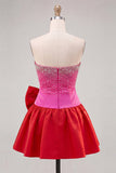 Fuchsia and Red Strapless Beaded A-Line Short Cocktail Dress with Bow