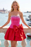 Fuchsia and Red Strapless Beaded A-Line Short Cocktail Dress with Bow