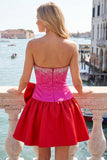 Fuchsia and Red Strapless Beaded A-Line Short Cocktail Dress with Bow