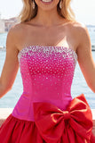 Fuchsia and Red Strapless Beaded A-Line Short Cocktail Dress with Bow