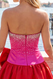 Fuchsia and Red Strapless Beaded A-Line Short Cocktail Dress with Bow