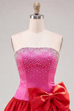 Fuchsia and Red Strapless Beaded A-Line Short Cocktail Dress with Bow