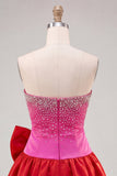 Fuchsia and Red Strapless Beaded A-Line Short Cocktail Dress with Bow