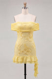 Off the Shoulder Yellow Floral Tight Cocktail Dress with Ruffles